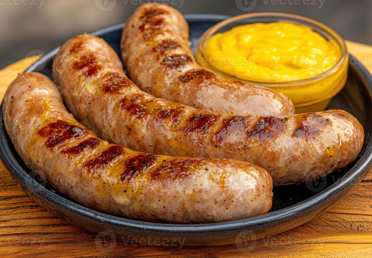 Close up of grilled sausages with mustard photo