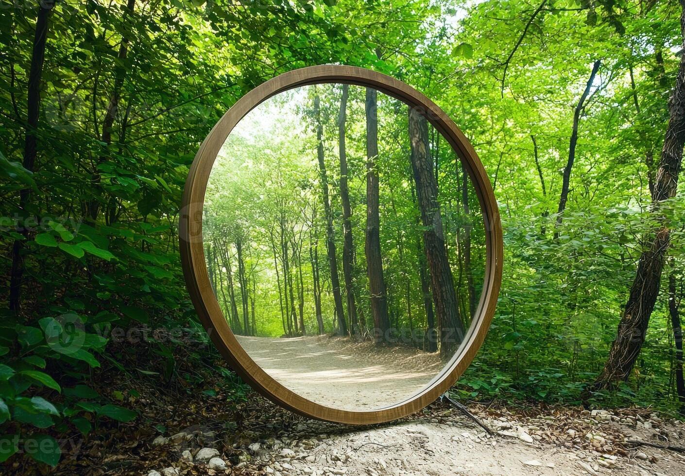 Round mirror reflecting a forest path photo
