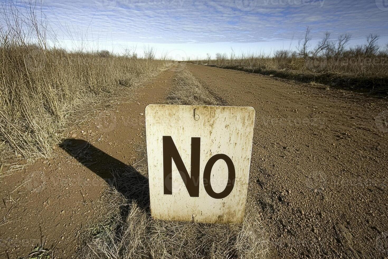 A weathered sign reading No stands on a desolate dirt road photo