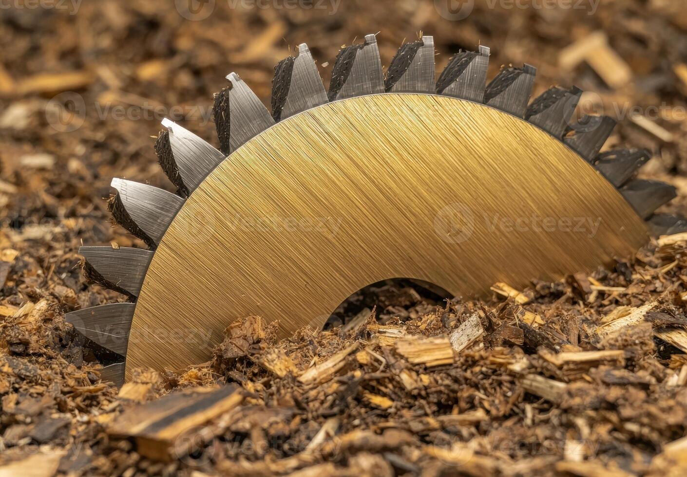 Close up of a sharp circular saw blade in wood shavings photo