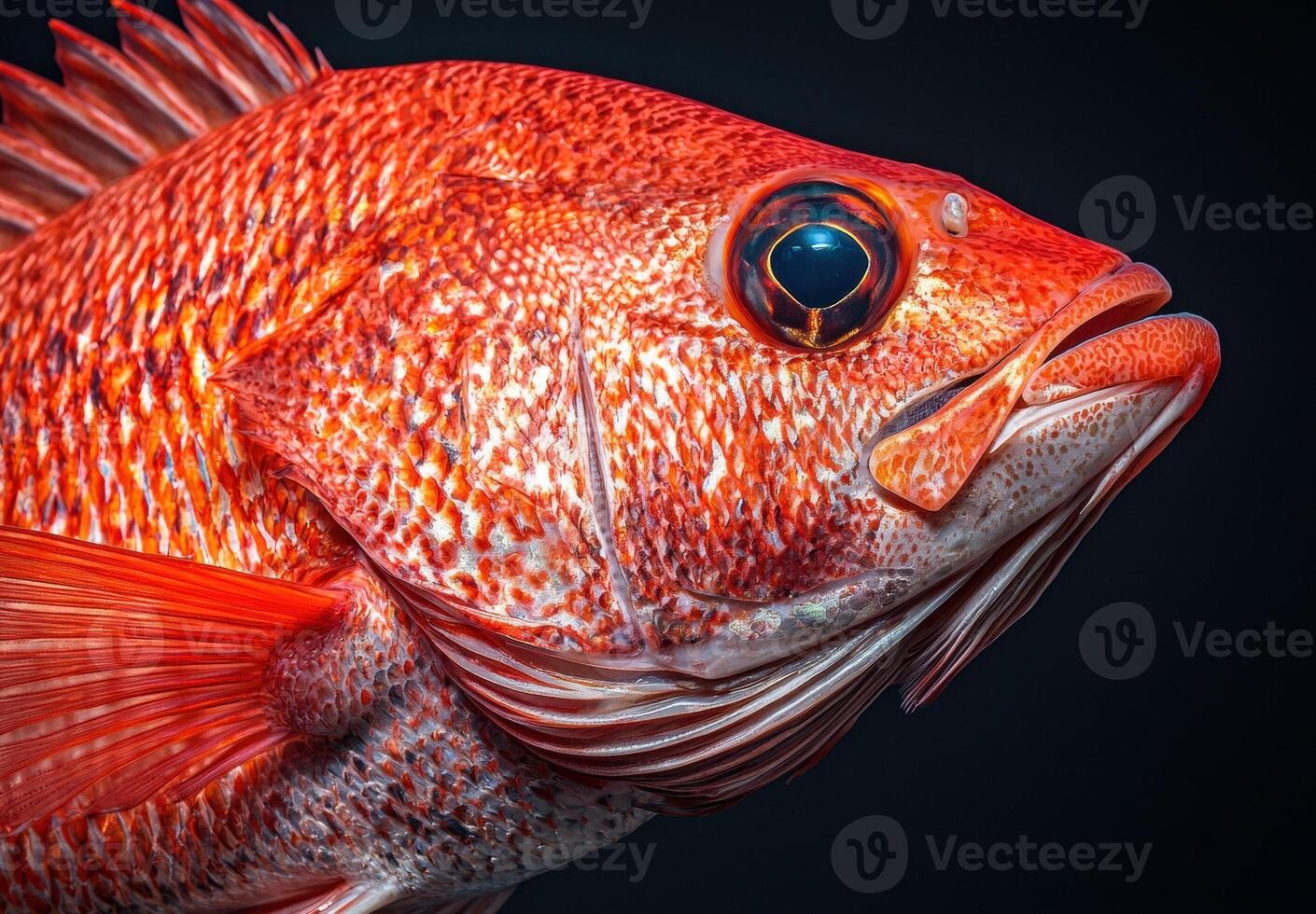 Close up of a vibrant red fish with detailed scales and fins photo