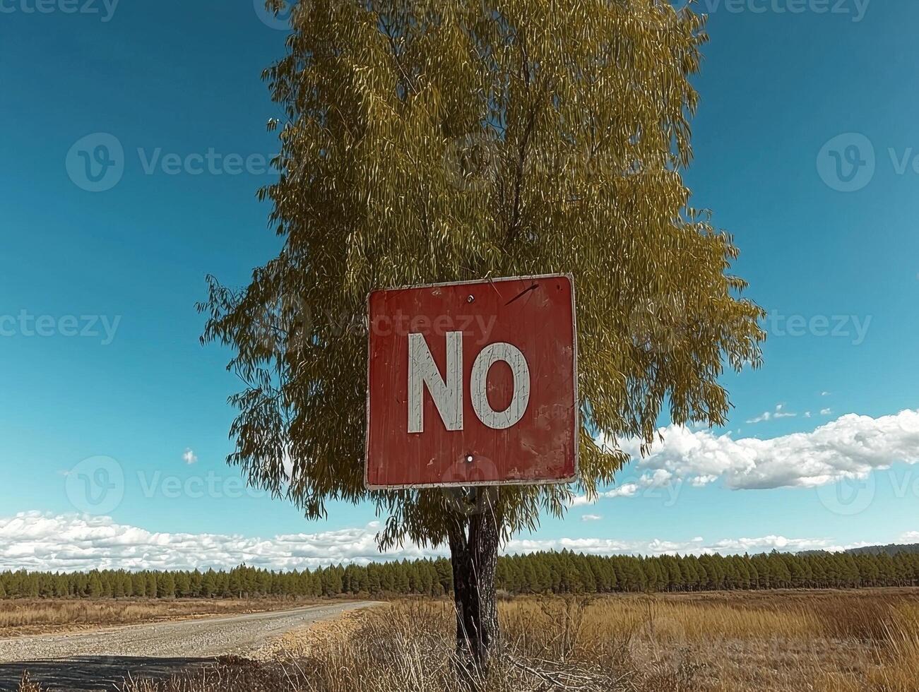 Red sign with the word no on a tree in a field photo