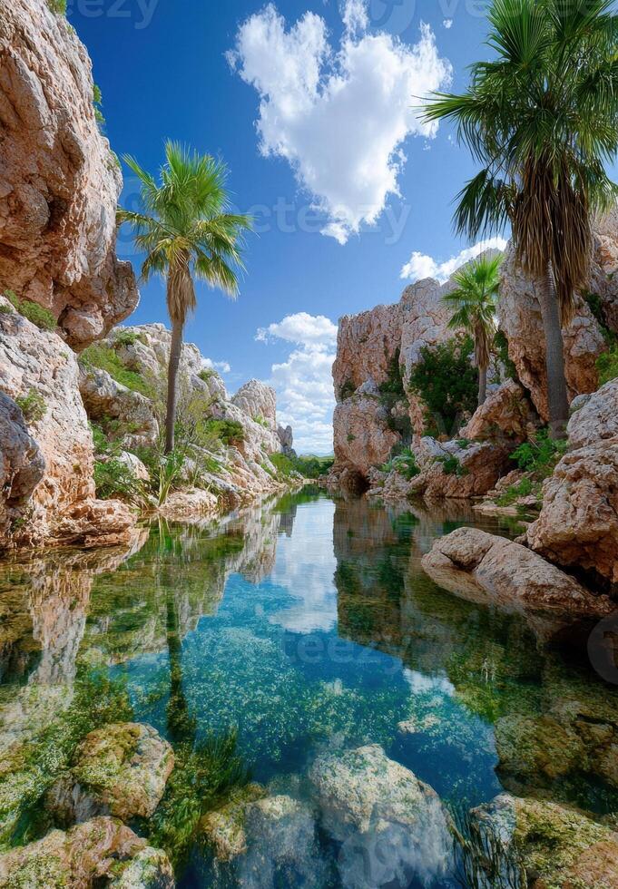 Tranquil oasis hidden in a rocky canyon, reflecting the blue sky and fluffy clouds photo
