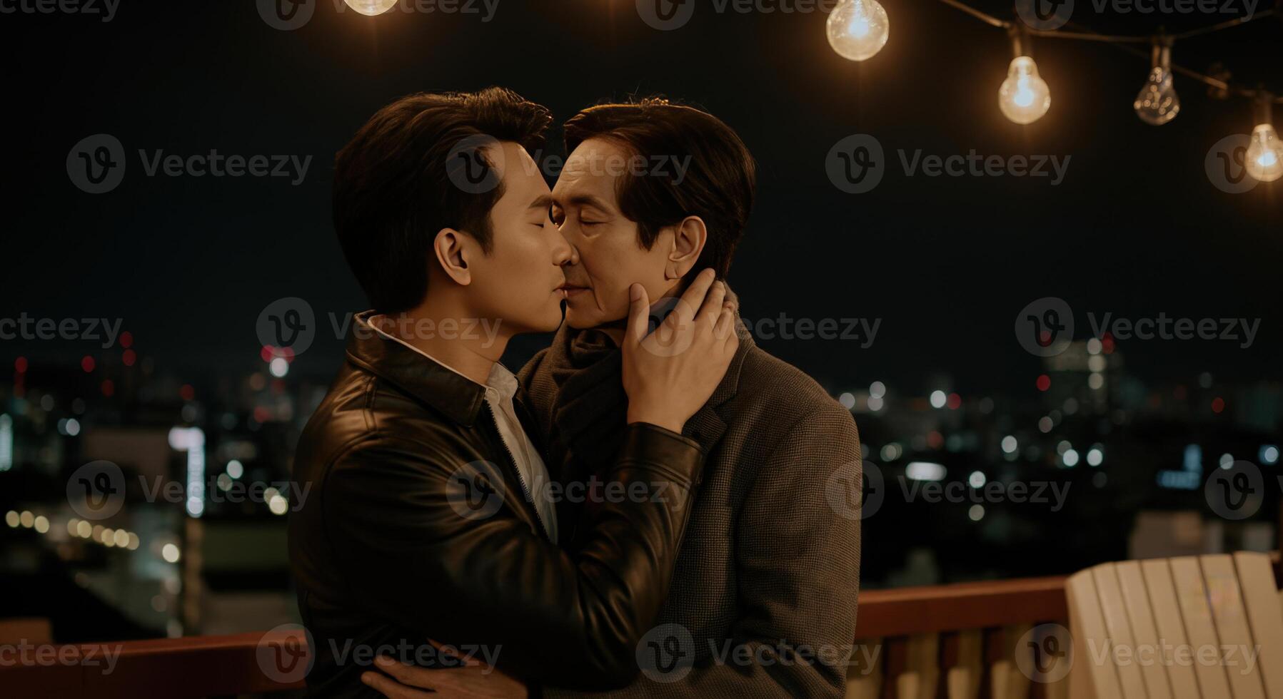 Romantic evening embrace between asian adults under string lights on rooftop photo