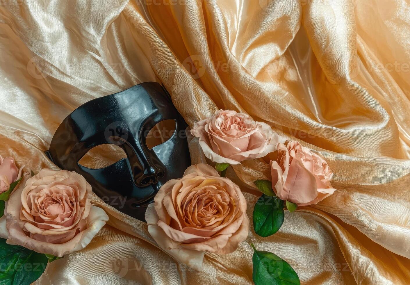 Elegant black mask with peach roses on gold fabric photo
