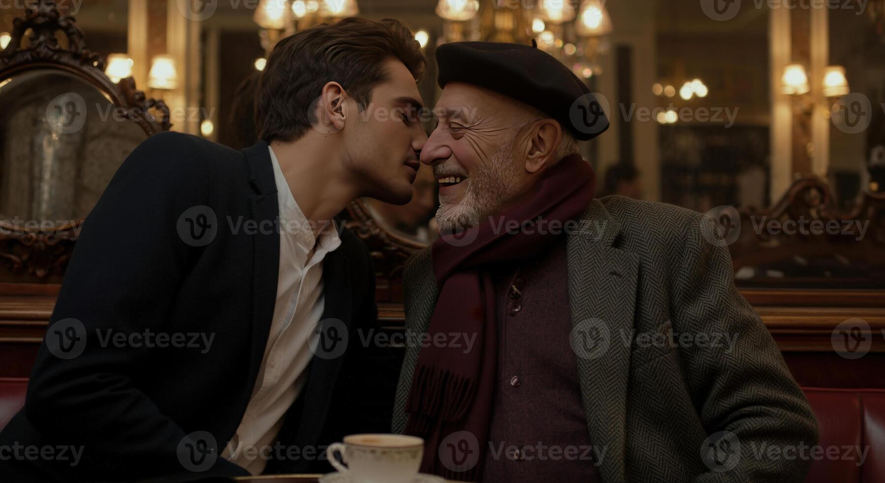 Joyful moment between young caucasian male and elderly man in cozy cafe setting photo