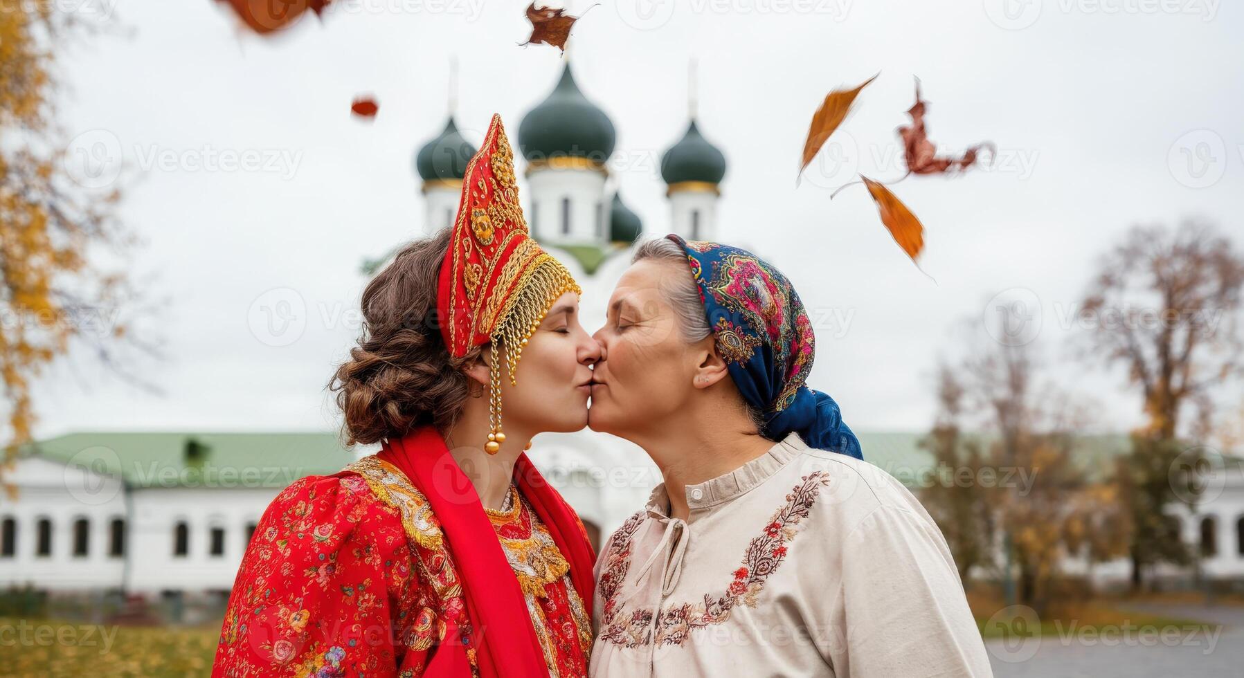 Cultural connection between generations in traditional russian attire amidst falling autumn leaves photo