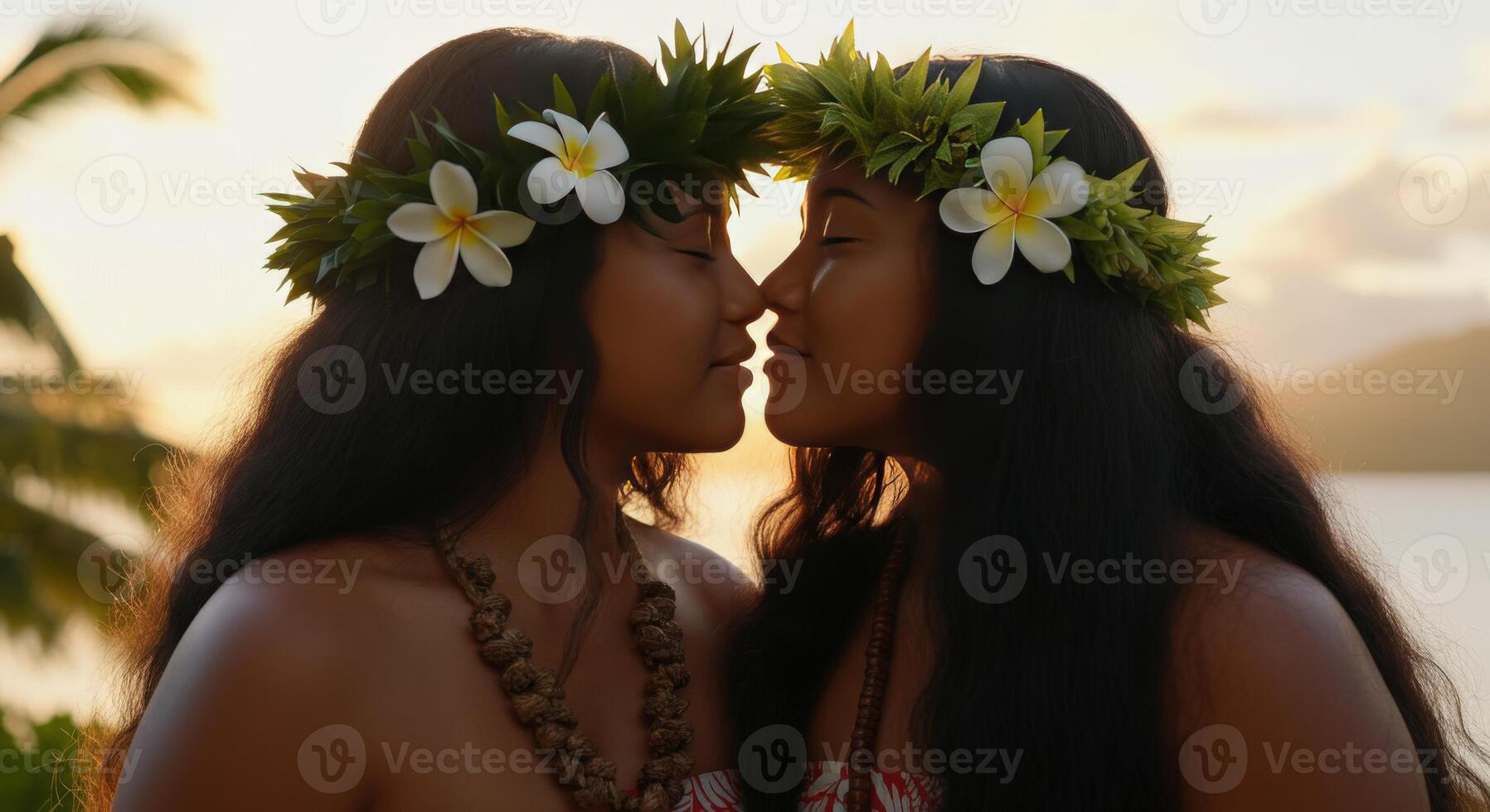 Celebrating unity and nature with polynesian women in traditional attire at sunset photo