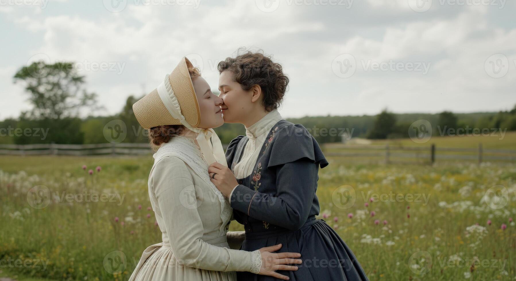 Historical romance scene featuring two caucasian women in vintage attire embracing in pastoral setting photo