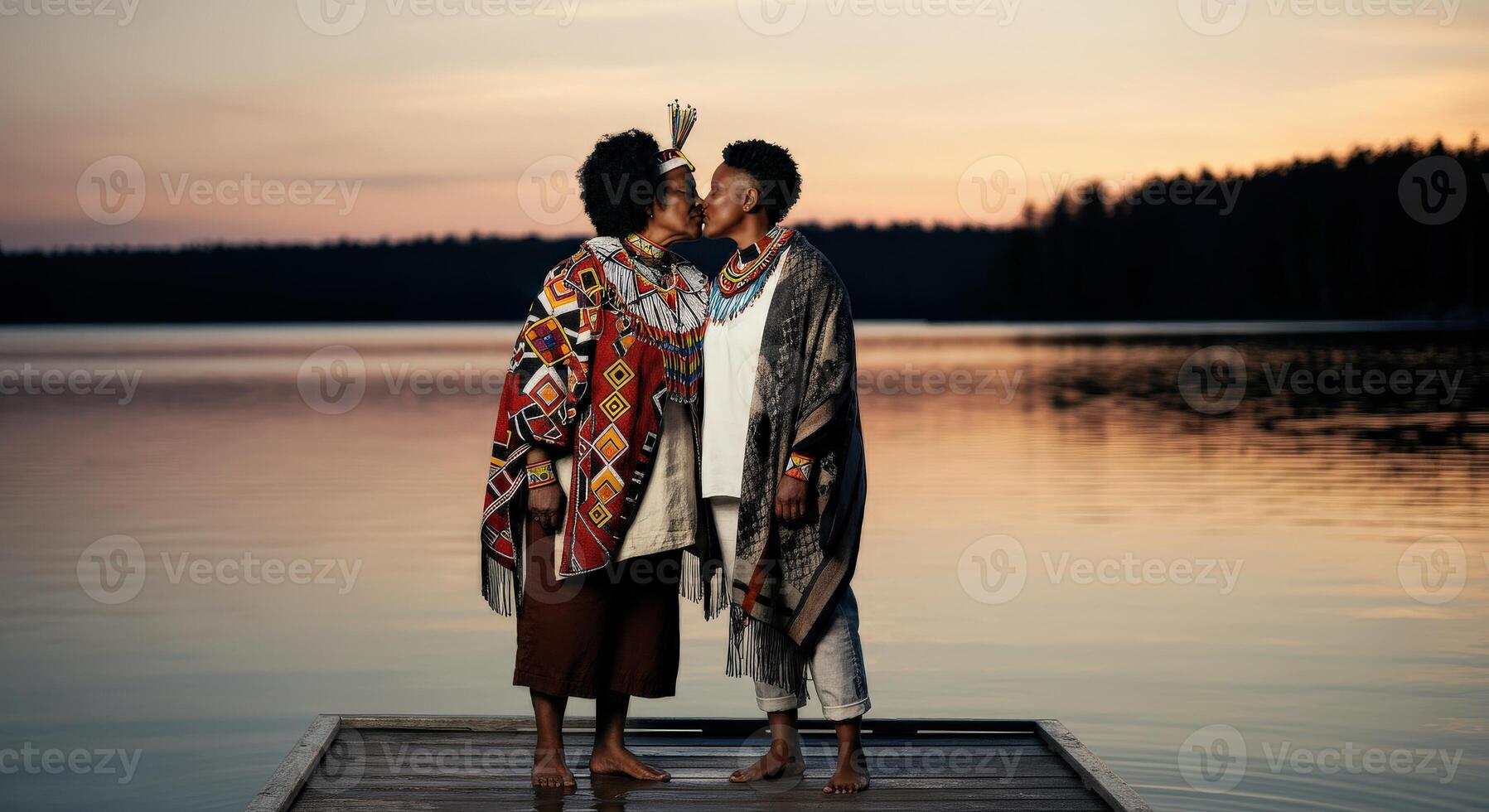 Romantic sunset on lake pier with african couple in traditional attire celebrating love photo