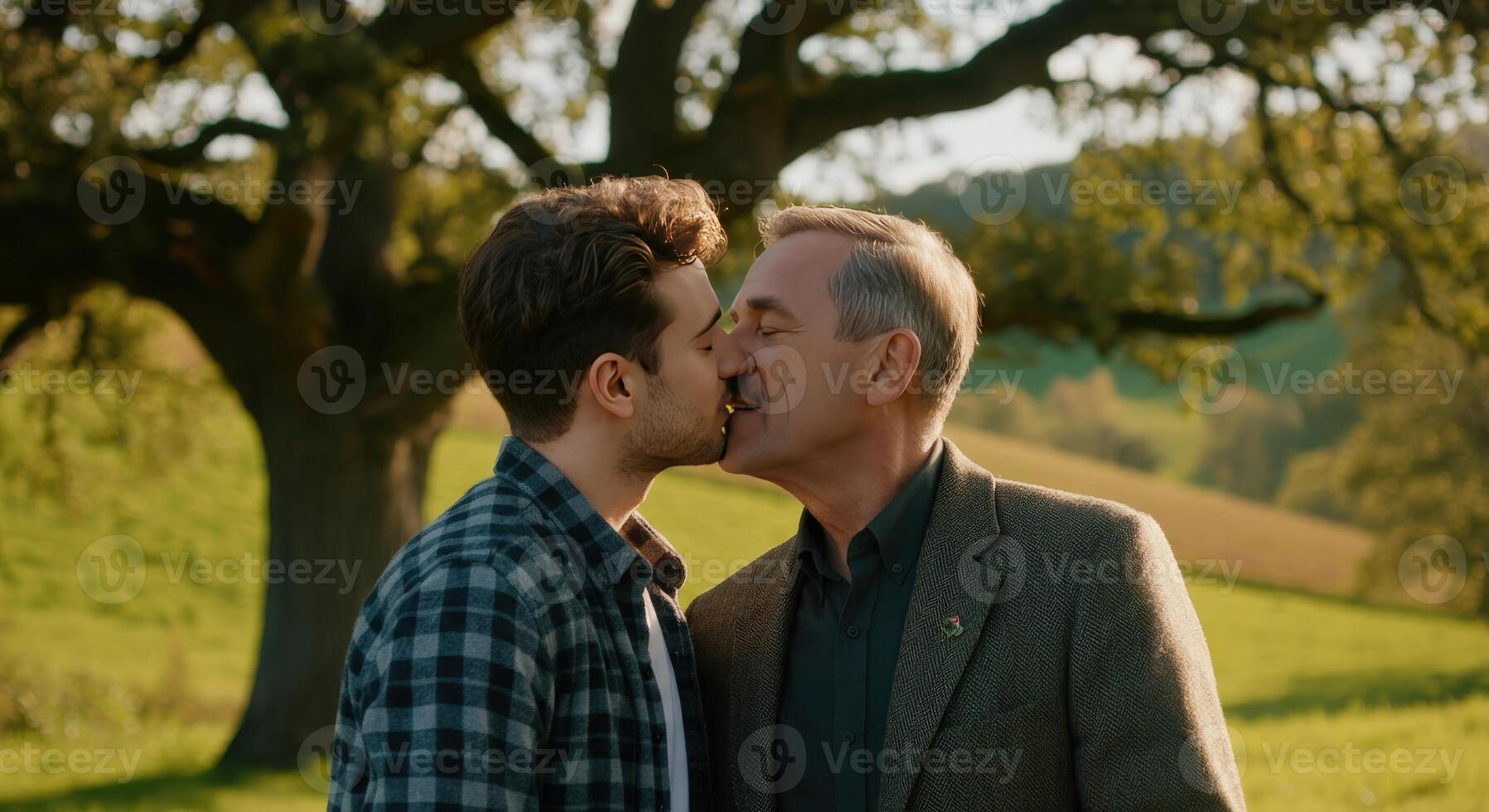 Emotional connection between young and mature caucasian males in nature's embrace photo