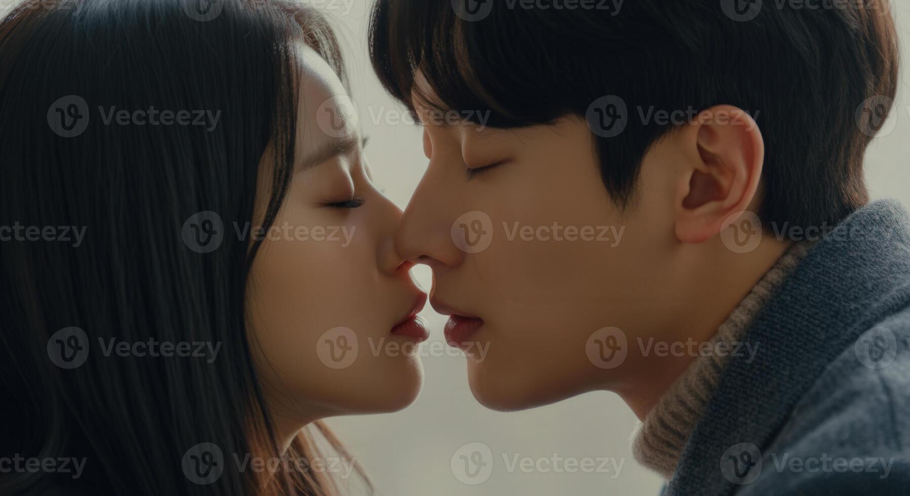 Romantic moment between young asian couple in gentle kiss photo