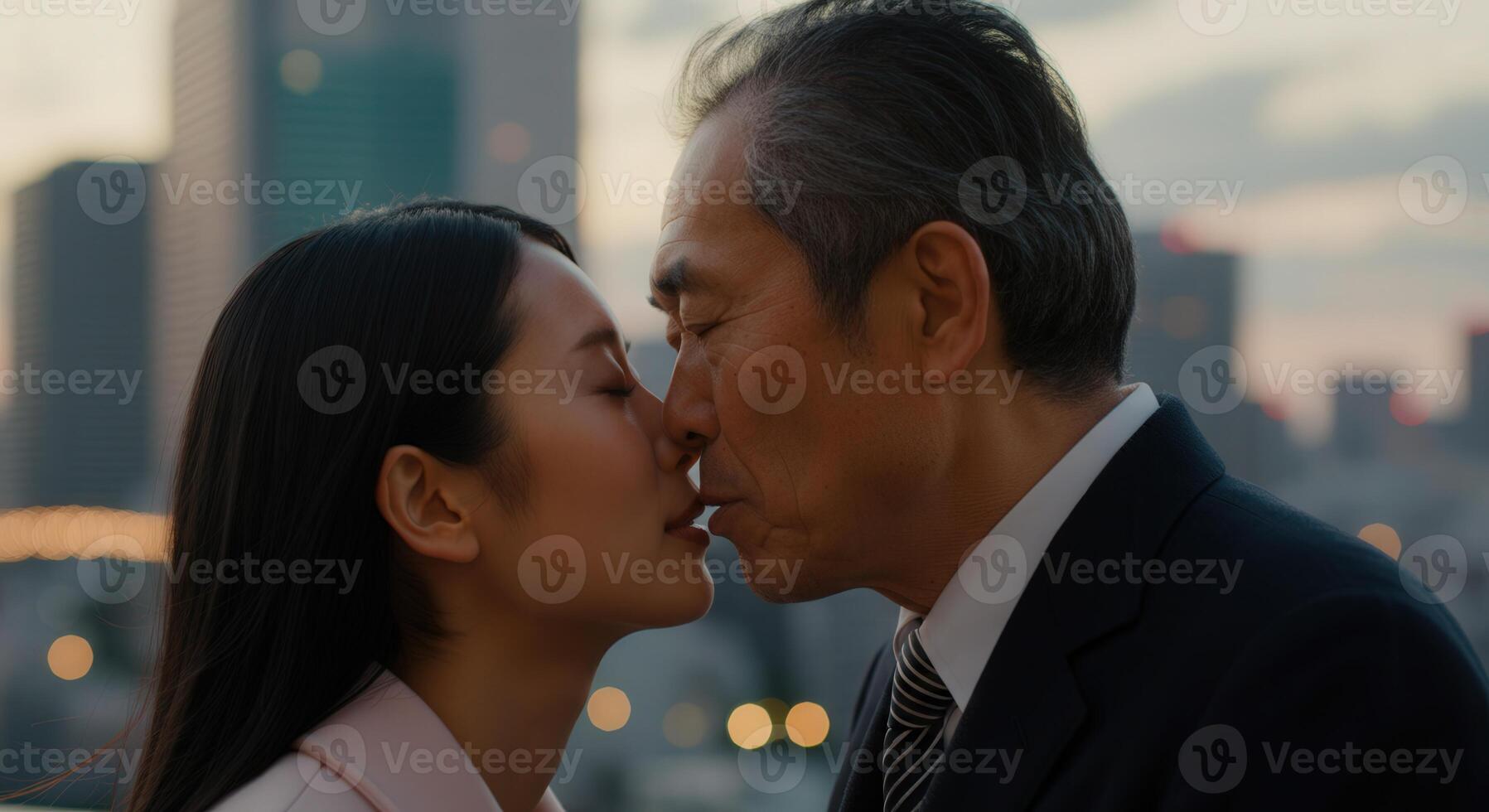 Romantic moment between mature asian couple at urban sunset photo
