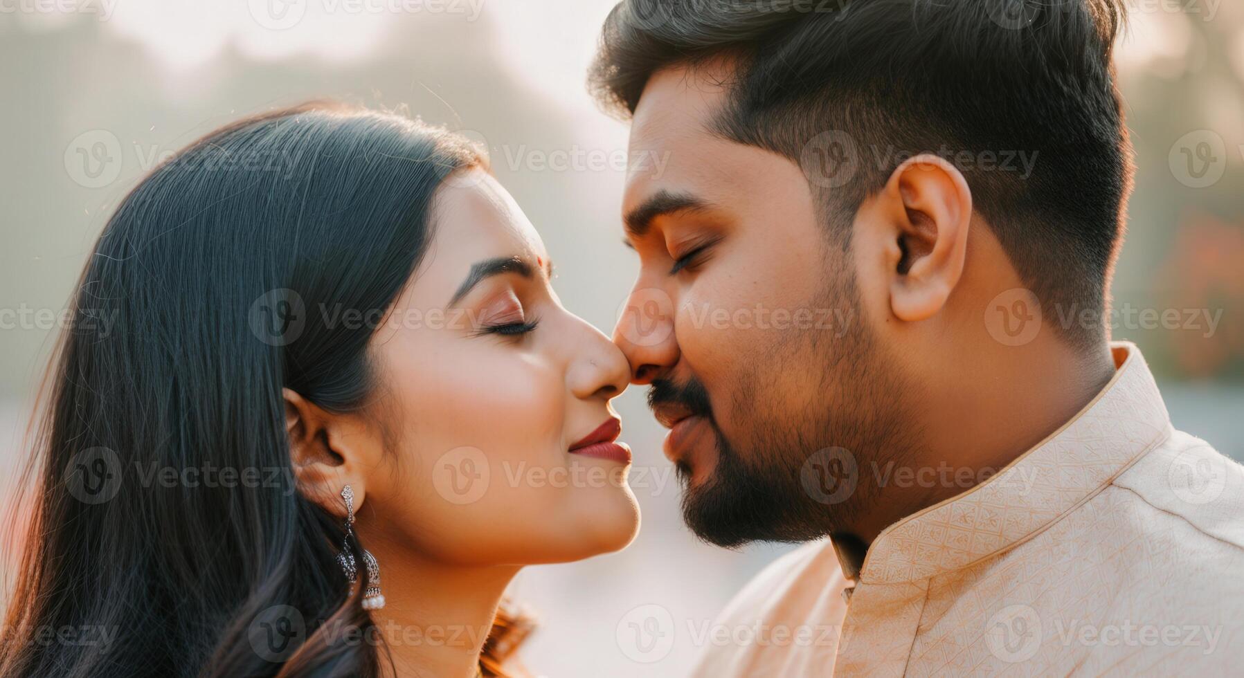 Romantic moment between young south asian couple embracing love and connection photo
