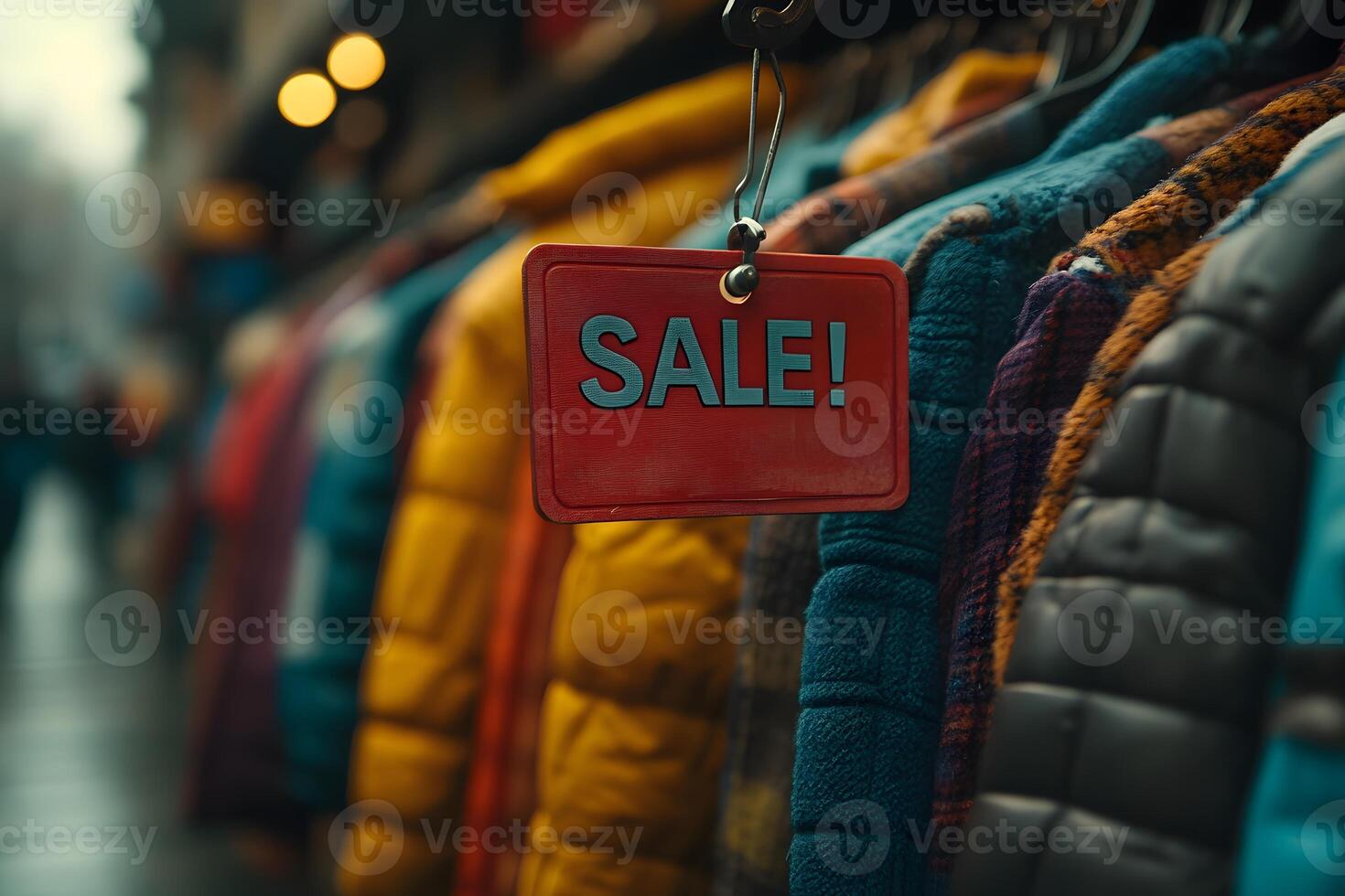 Winter Apparel Sale Display in Outdoor Market with Hanging Red Sale Tag photo