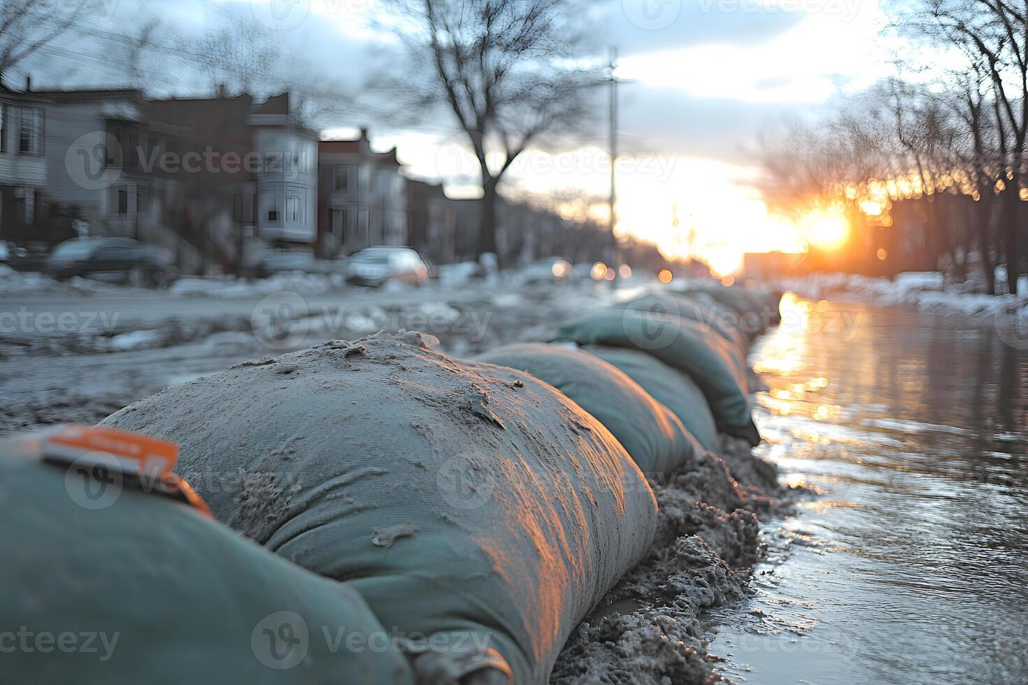 Flood Control with Sandbags at Sunset in Suburban Neighborhood photo