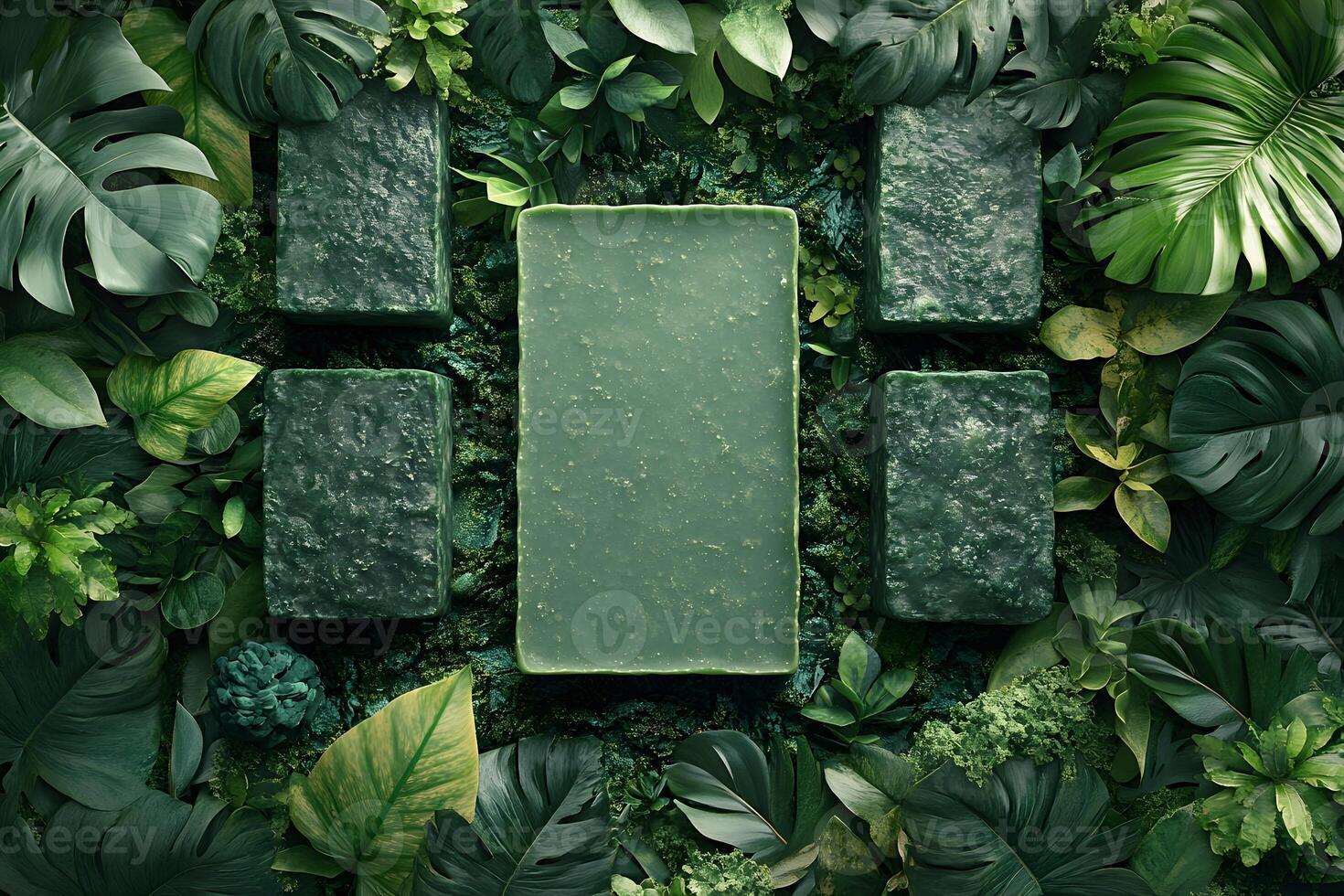 Green Soap Bars Amidst Lush Tropical Foliage for Natural Skincare Concept photo