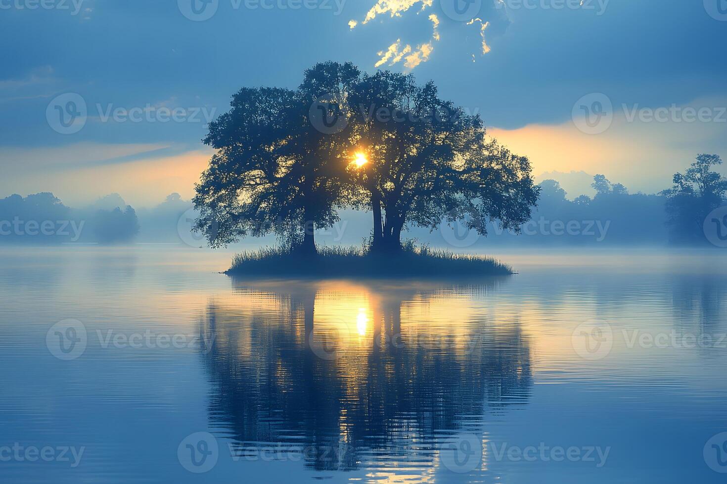 Serene Sunrise Reflections Over Tranquil Lake Island with Trees photo