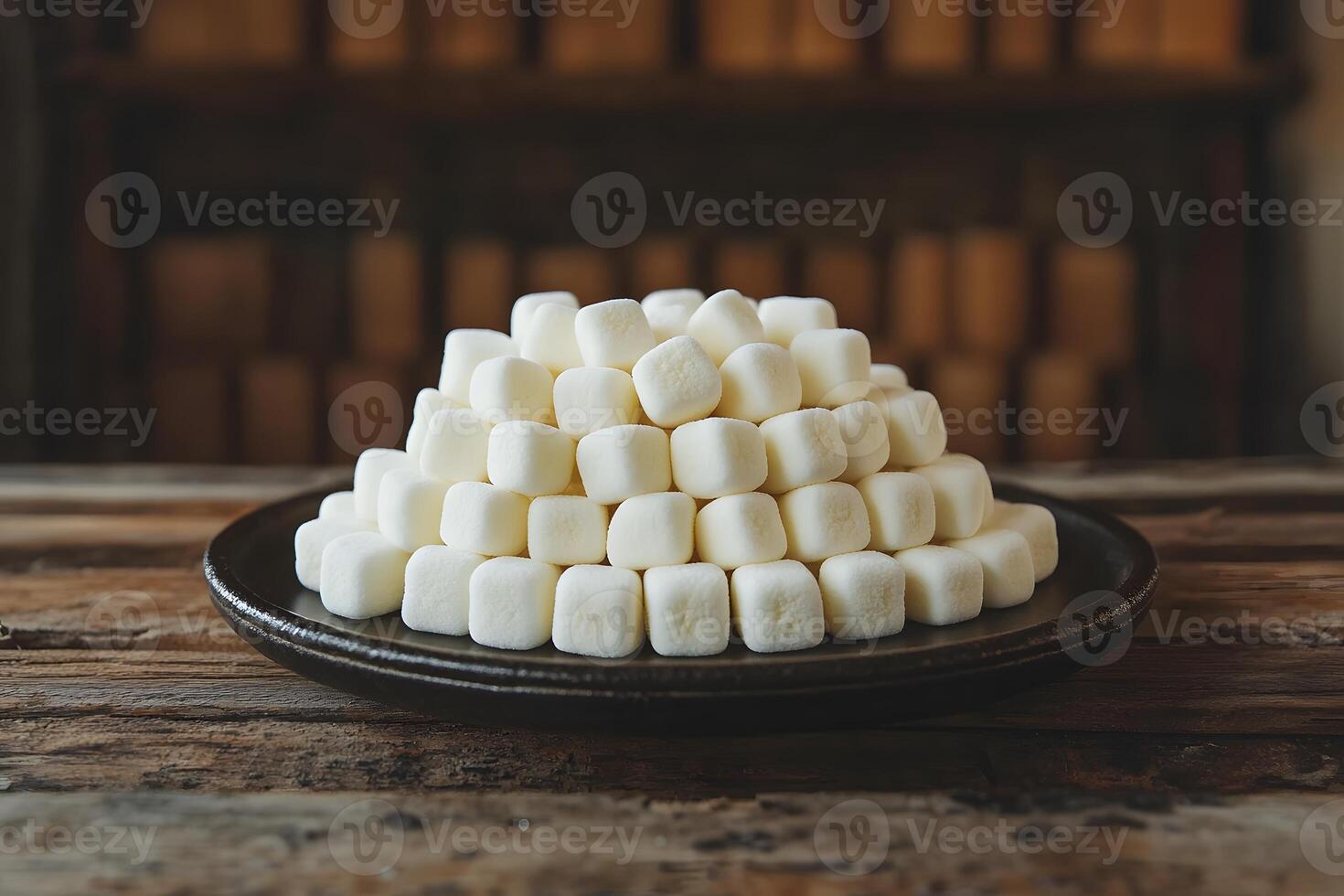 Plate of Marshmallows Stacked on Rustic Wooden Table for Dessert Presentation photo