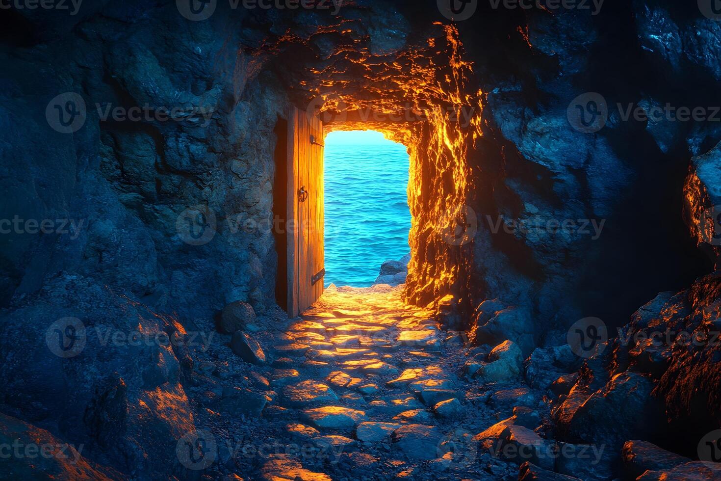 Mystical Cave Passageway to Ocean at Sunset Nature Serenity and Adventure photo