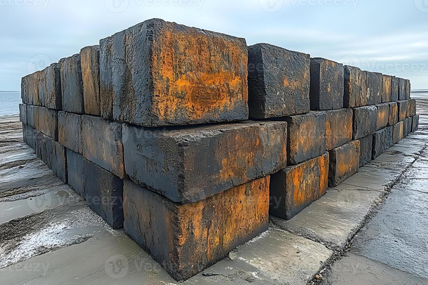 Industrial Seaside Structure with Weathered Metal Blocks for Coastal Engineering Design photo