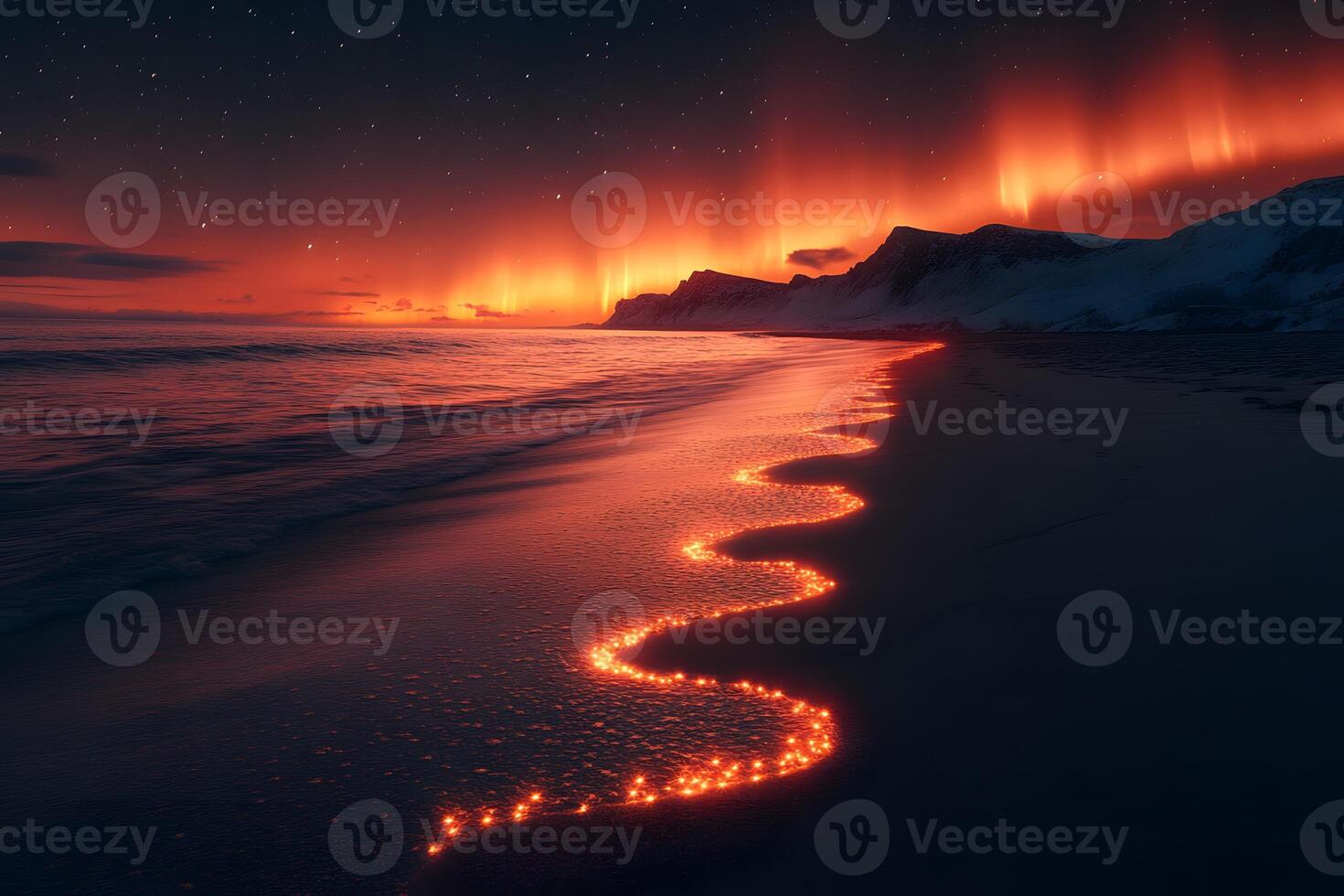 Northern Lights Over Serene Beach with Glowing Waves Tranquil Nightscape for Art and Decor photo
