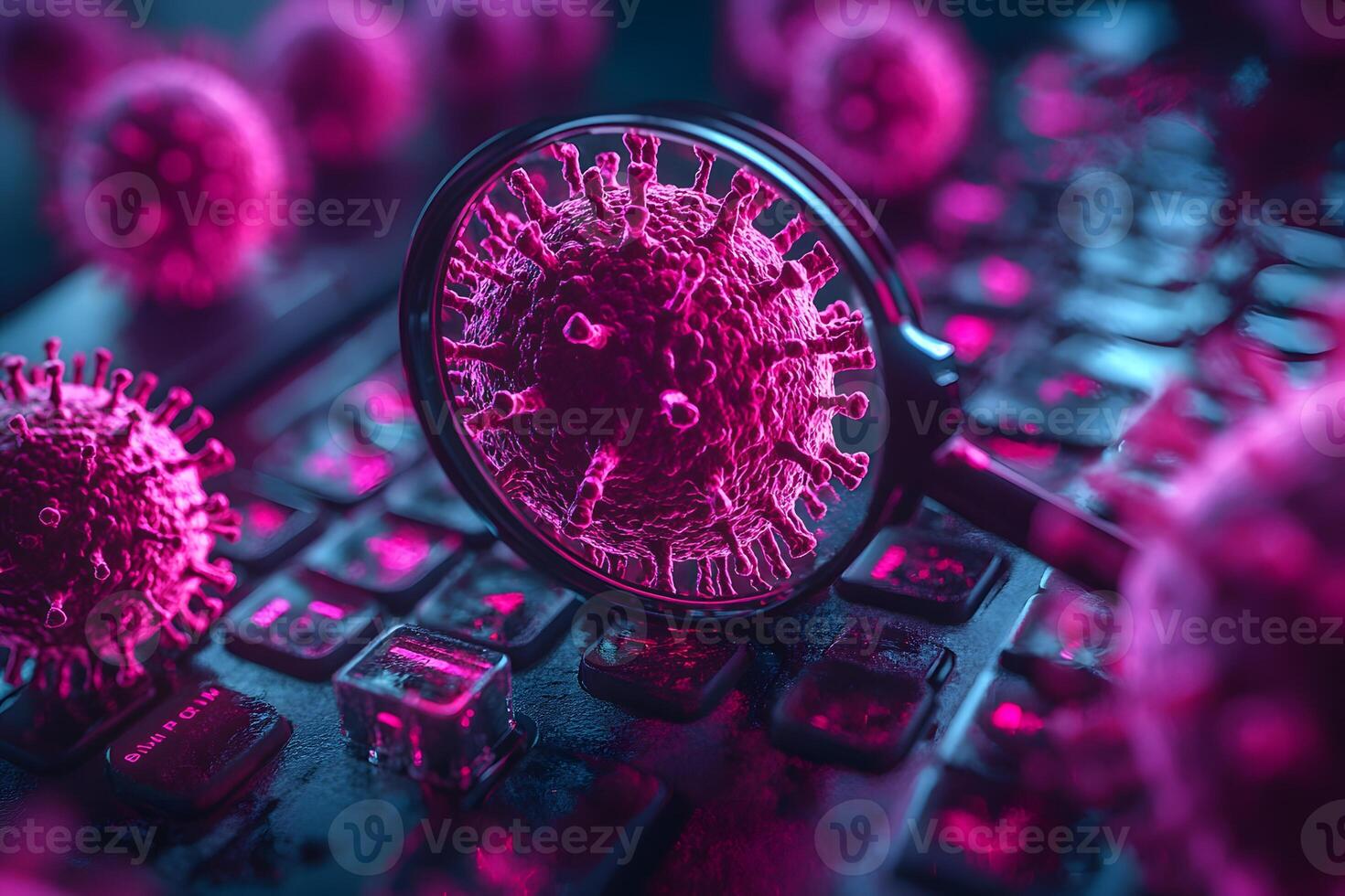 Digital Security Threat Concept with Virus Under Magnifying Glass on Keyboard photo