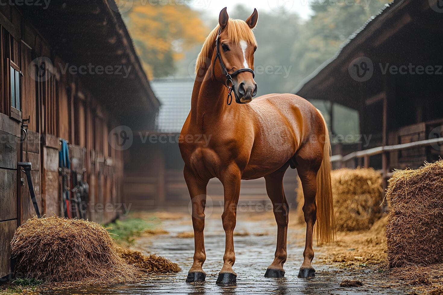 Majestic Chestnut Horse Standing in Rustic Stable Setting for Equestrian Beauty and Grace photo