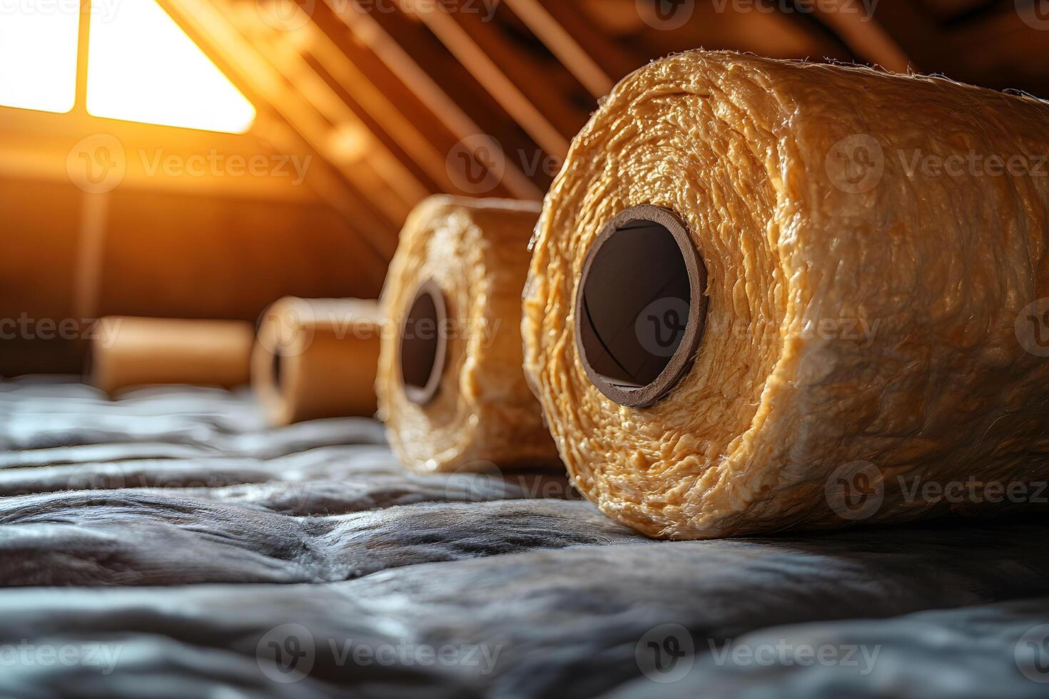 Sustainable Home Insulation in Rustic Attic Space at Sunset for Eco-Friendly Living Concepts photo