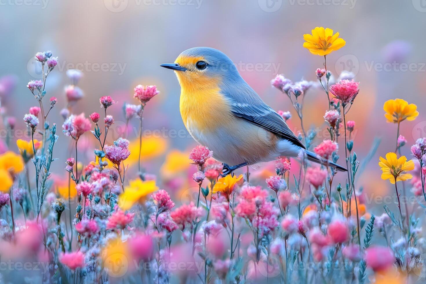 Colorful Bird Perched Amidst Vibrant Wildflowers in Blooming Meadow photo