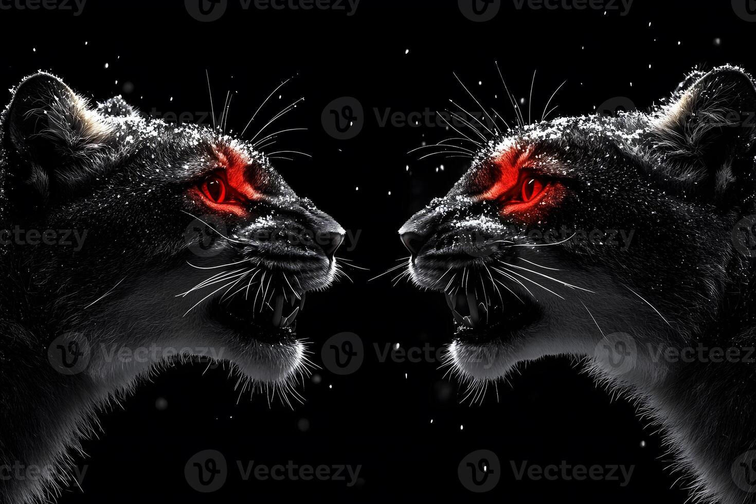 Dual Fierce Panthers with Illuminated Eyes on Snowy Night for Bold Design photo