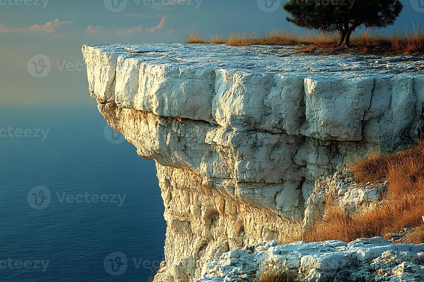 Majestic Coastal Cliff at Sunset with Solitary Tree and Ocean View photo