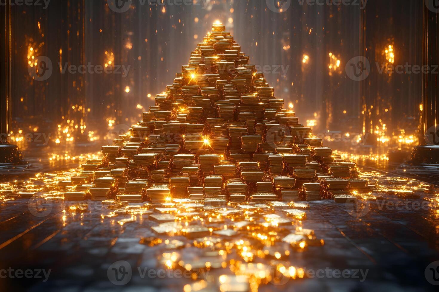 Golden Treasure Pyramid in Dimly Lit Vault - Wealth and Abundance Concept photo