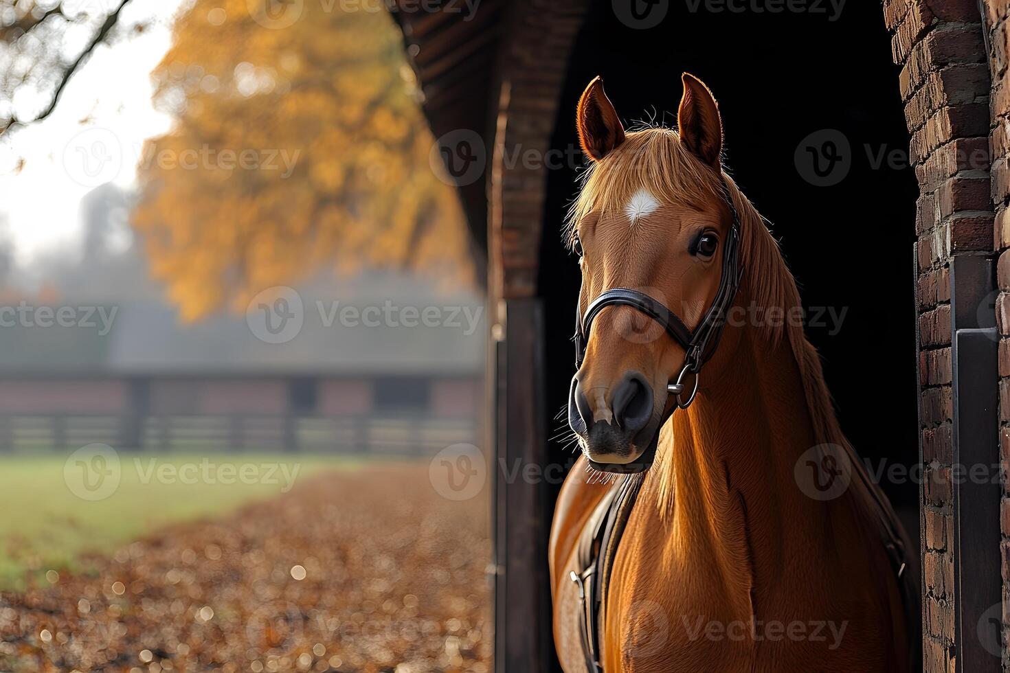 Autumn Equine Beauty in Rustic Stable Setting for Nature Posters and Decor photo