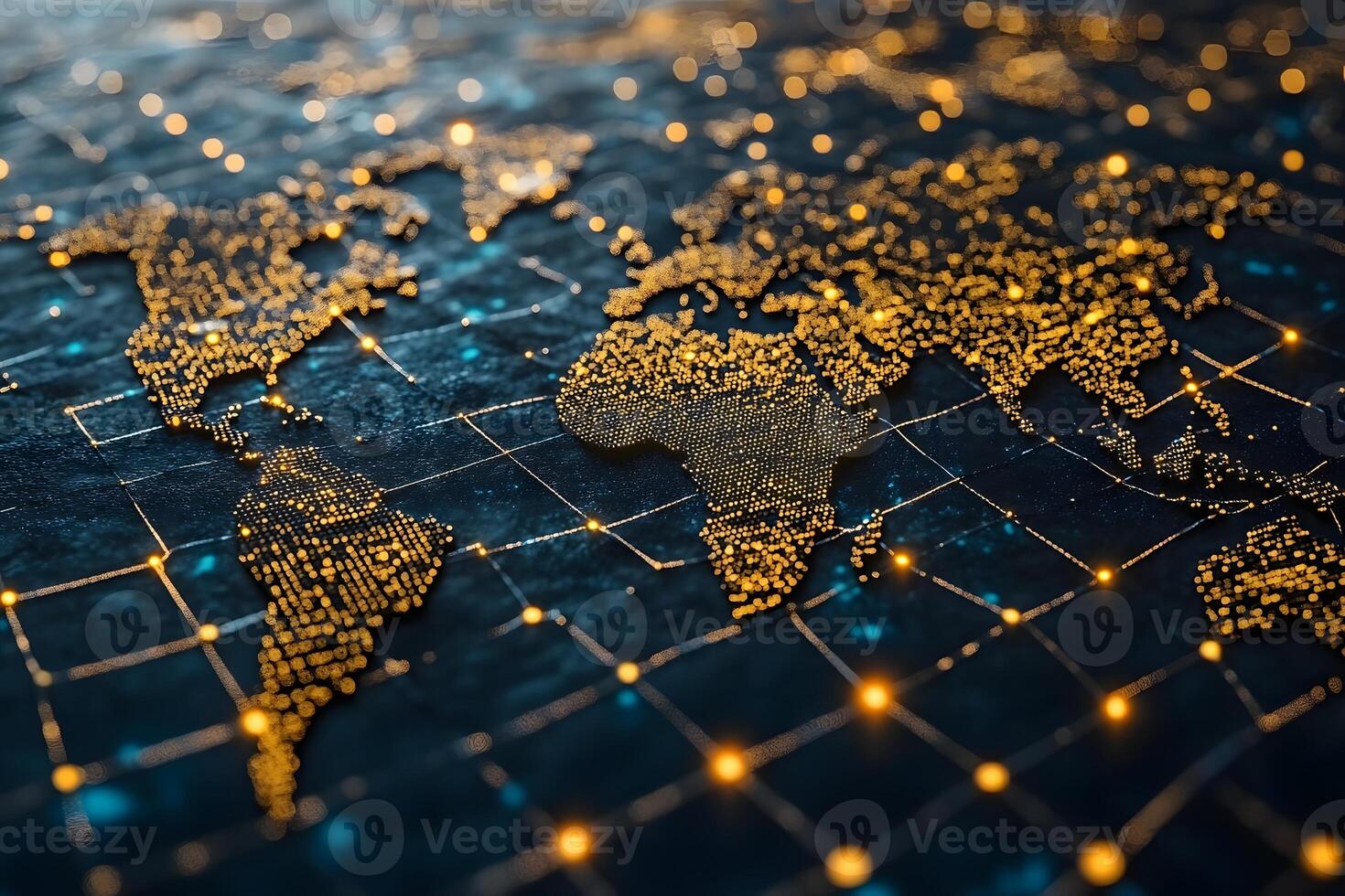 Digital World Map with Glowing Nodes for Global Connectivity Visualization photo