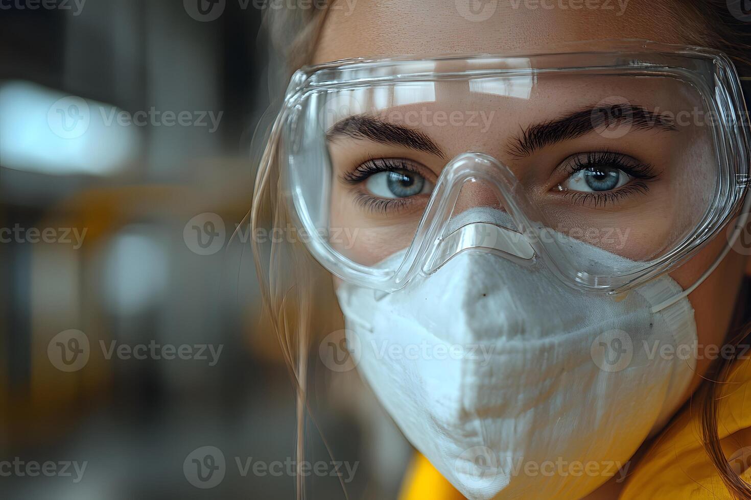 Protective Gear for Safety Focused Woman in Goggles and Mask in Industrial Setting photo