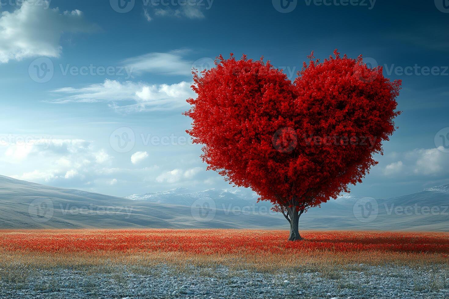 Romantic Heart-Shaped Red Tree in Serene Countryside Landscape Under Blue Sky photo