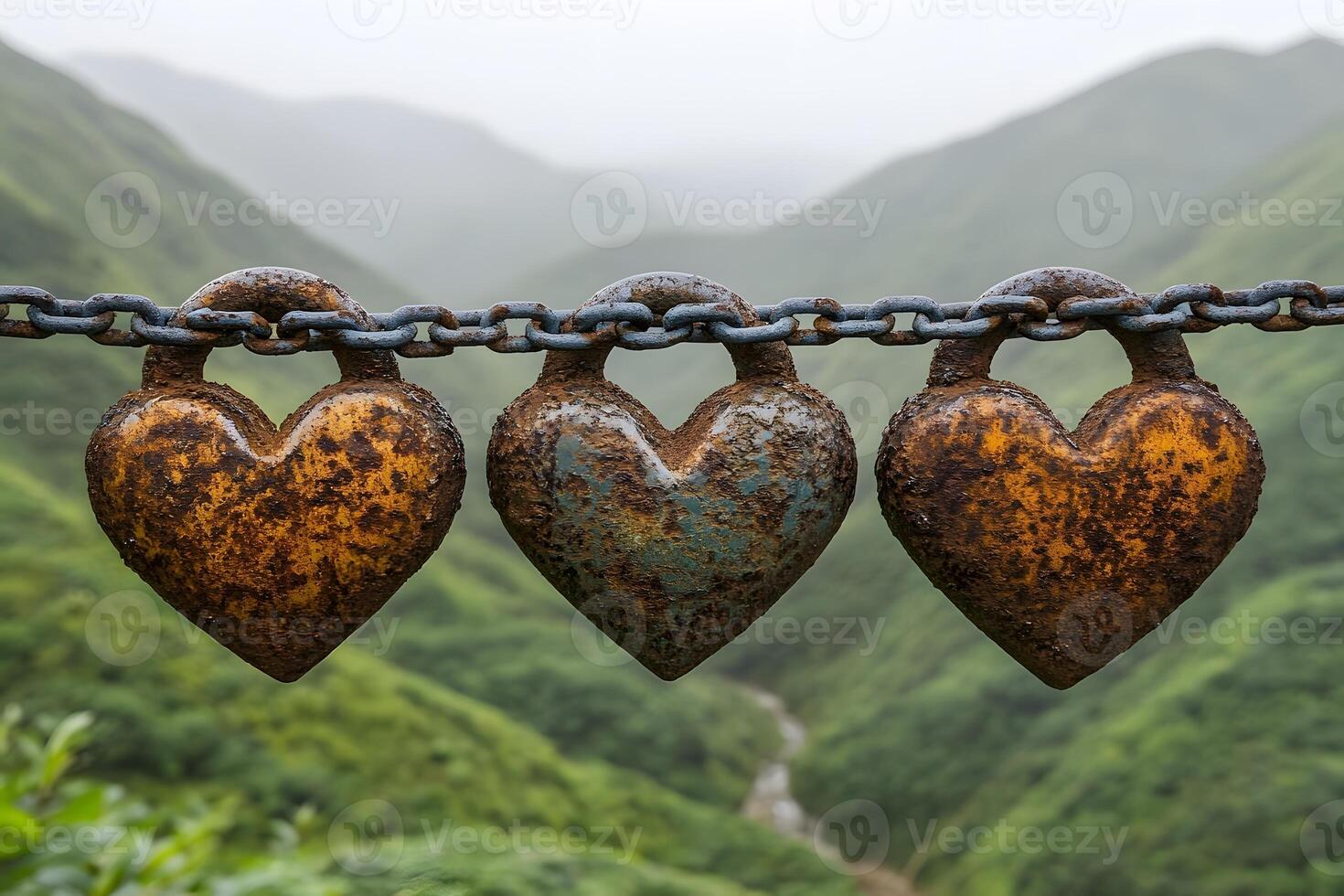 Rustic Heart-Shaped Locks on Chain Against Lush Mountain Landscape photo