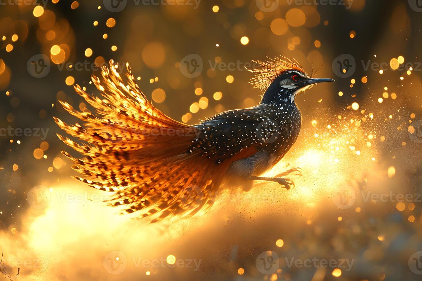 Glowing Crested Bird in Flight Amidst Sparkling Golden Light - Nature's Elegant Spectacle photo