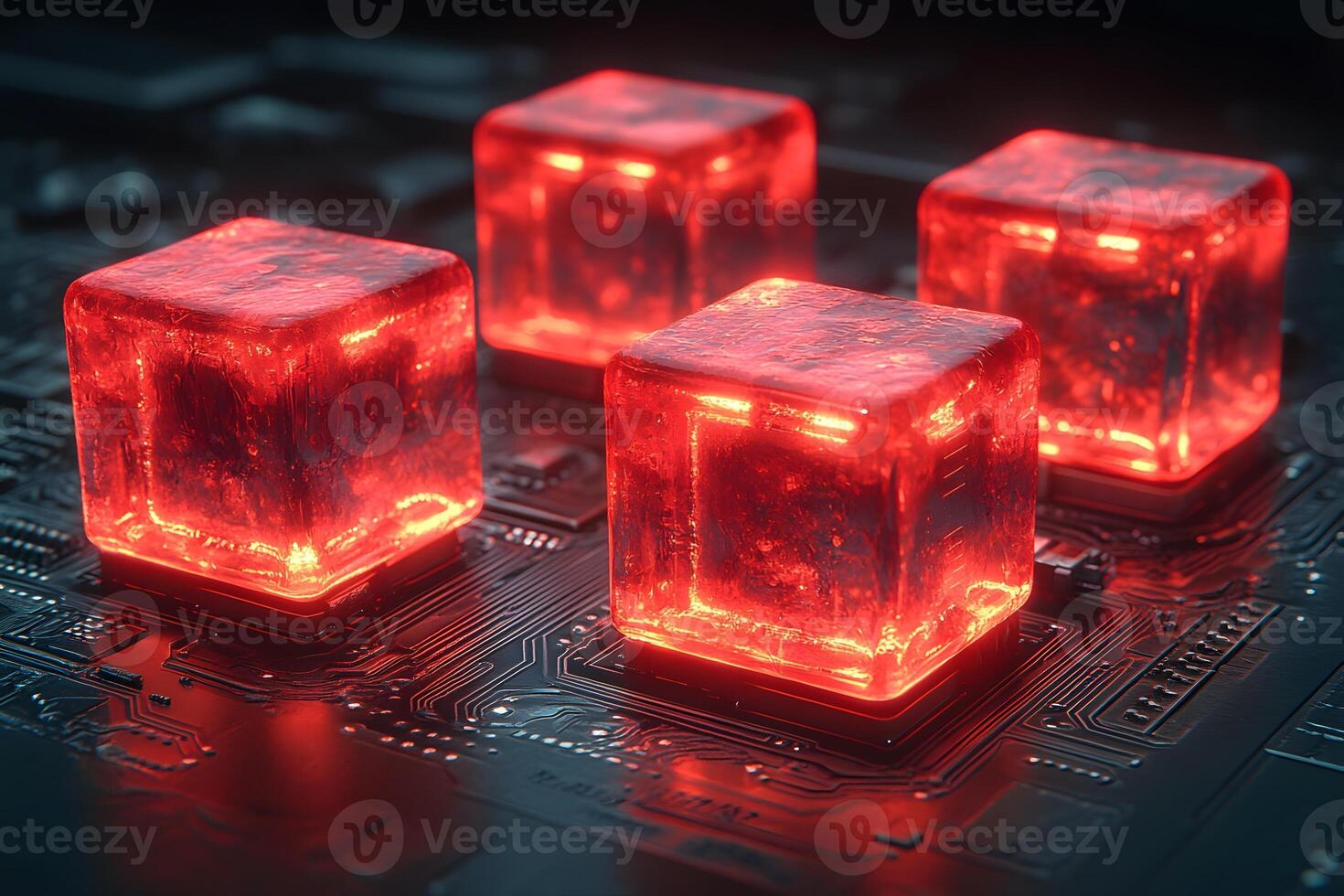 Glowing Red Cubes on Circuit Board - Futuristic Technology and Innovation Concept photo
