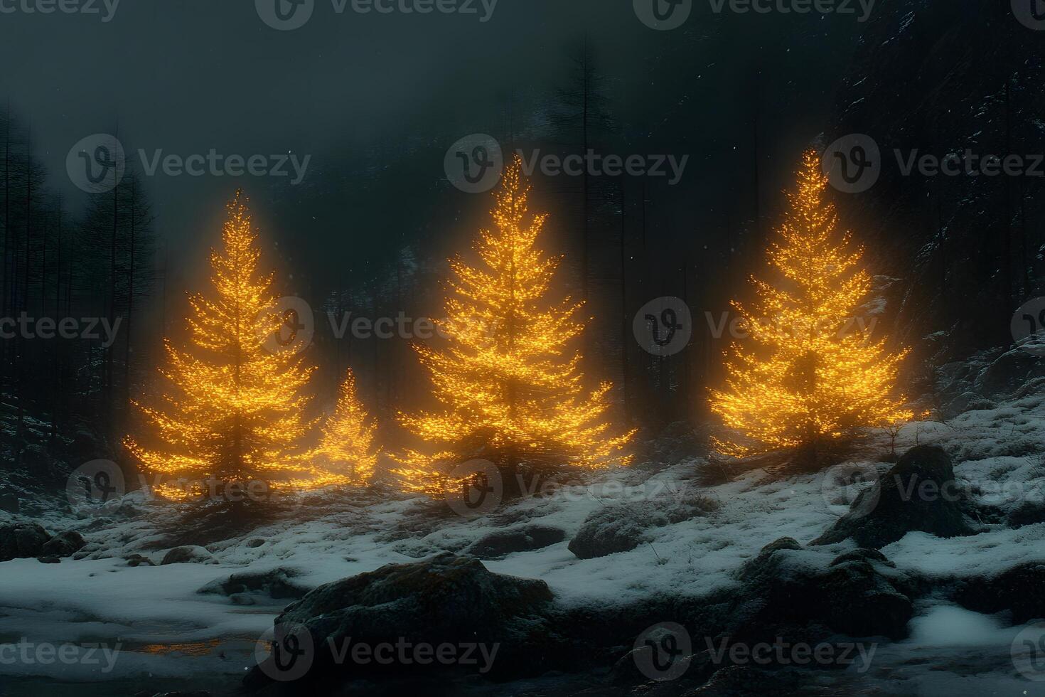 Enchanting Winter Forest with Illuminated Evergreen Trees for Holiday Decor photo
