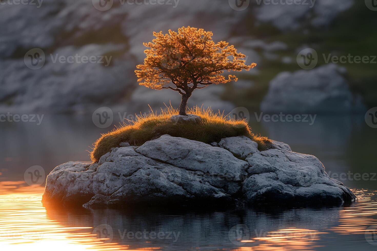 Serene Sunset Scene with Tree on Rocky Island for Nature Inspiration photo