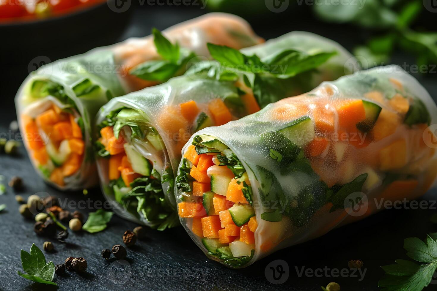 Fresh Vietnamese Spring Rolls with Vegetables on Dark Background photo