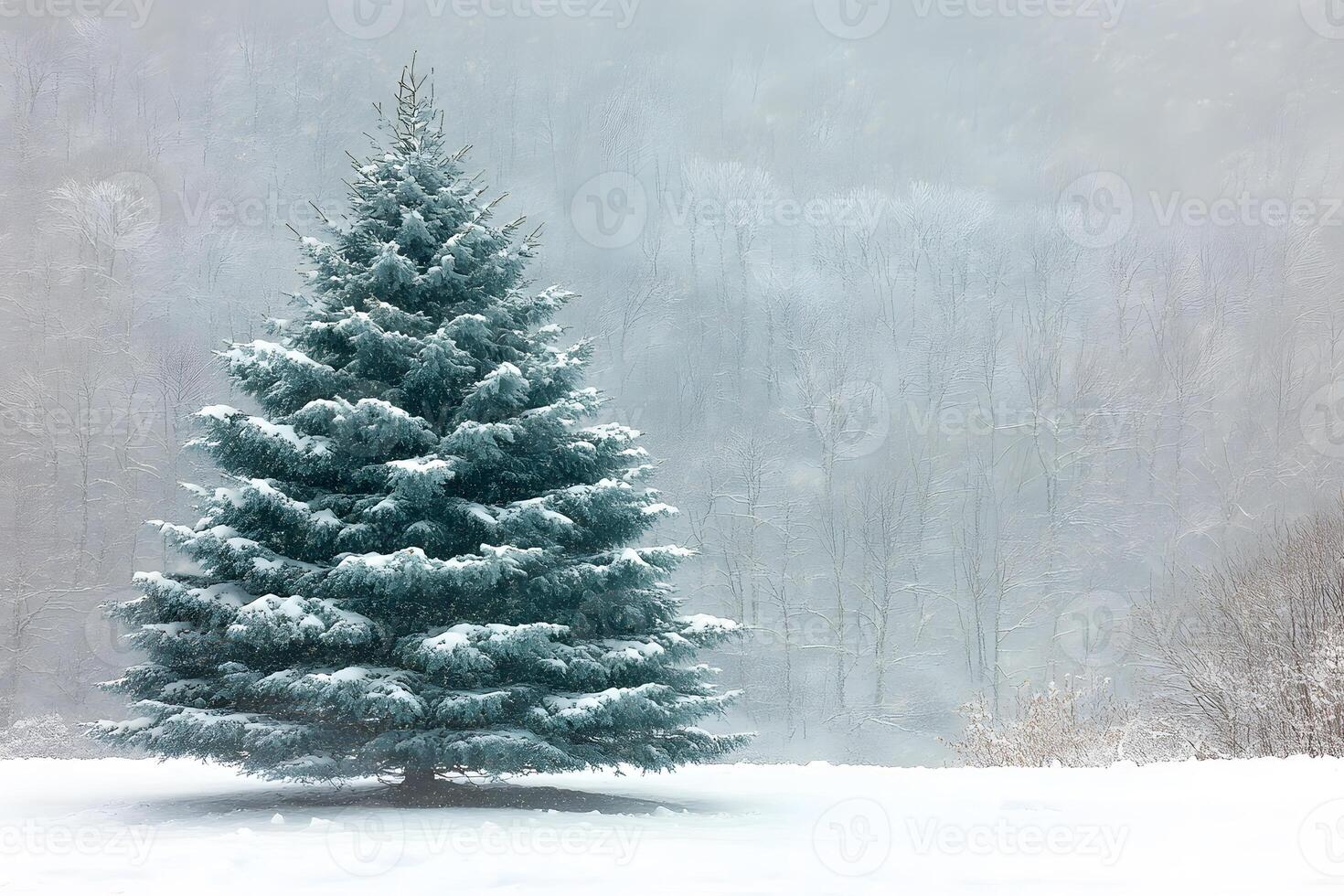 Winter Serenity Snow-Covered Evergreen Tree in a Tranquil Forest Landscape photo
