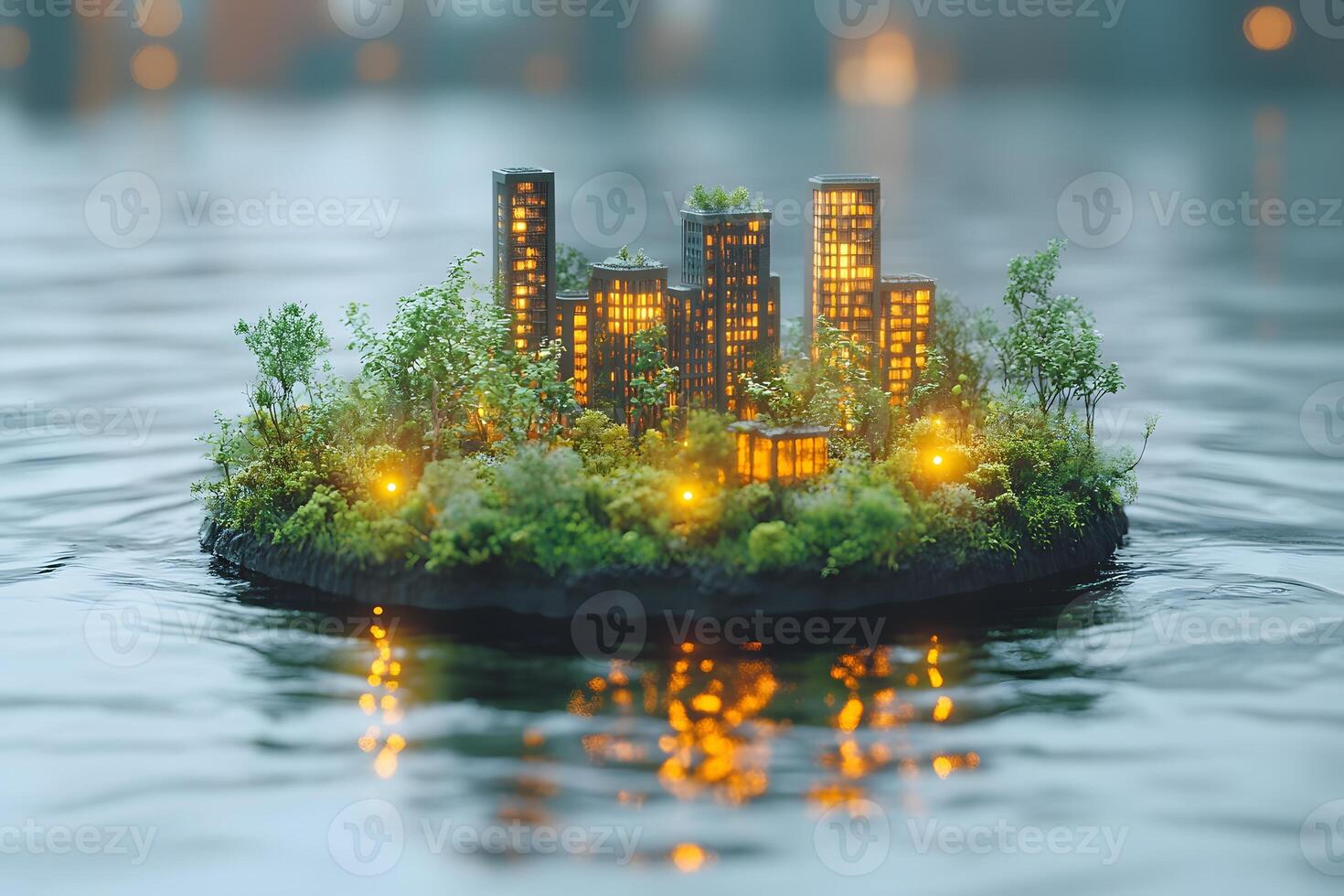 Floating Miniature Cityscape Island with Illuminated High-Rises on Water photo
