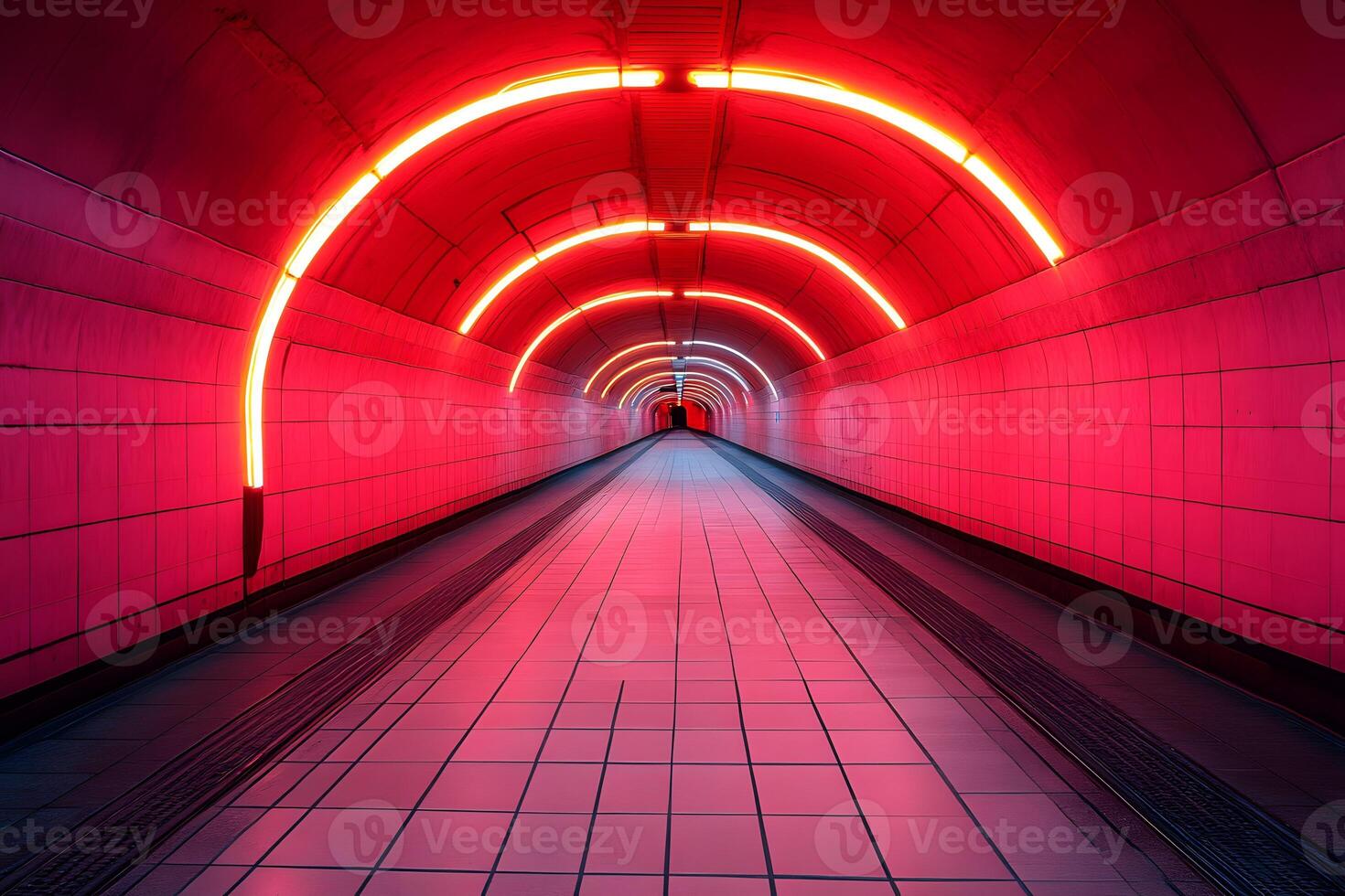 Futuristic Neon Tunnel with Red Illuminated Arc Lighting for Modern Design Concepts photo