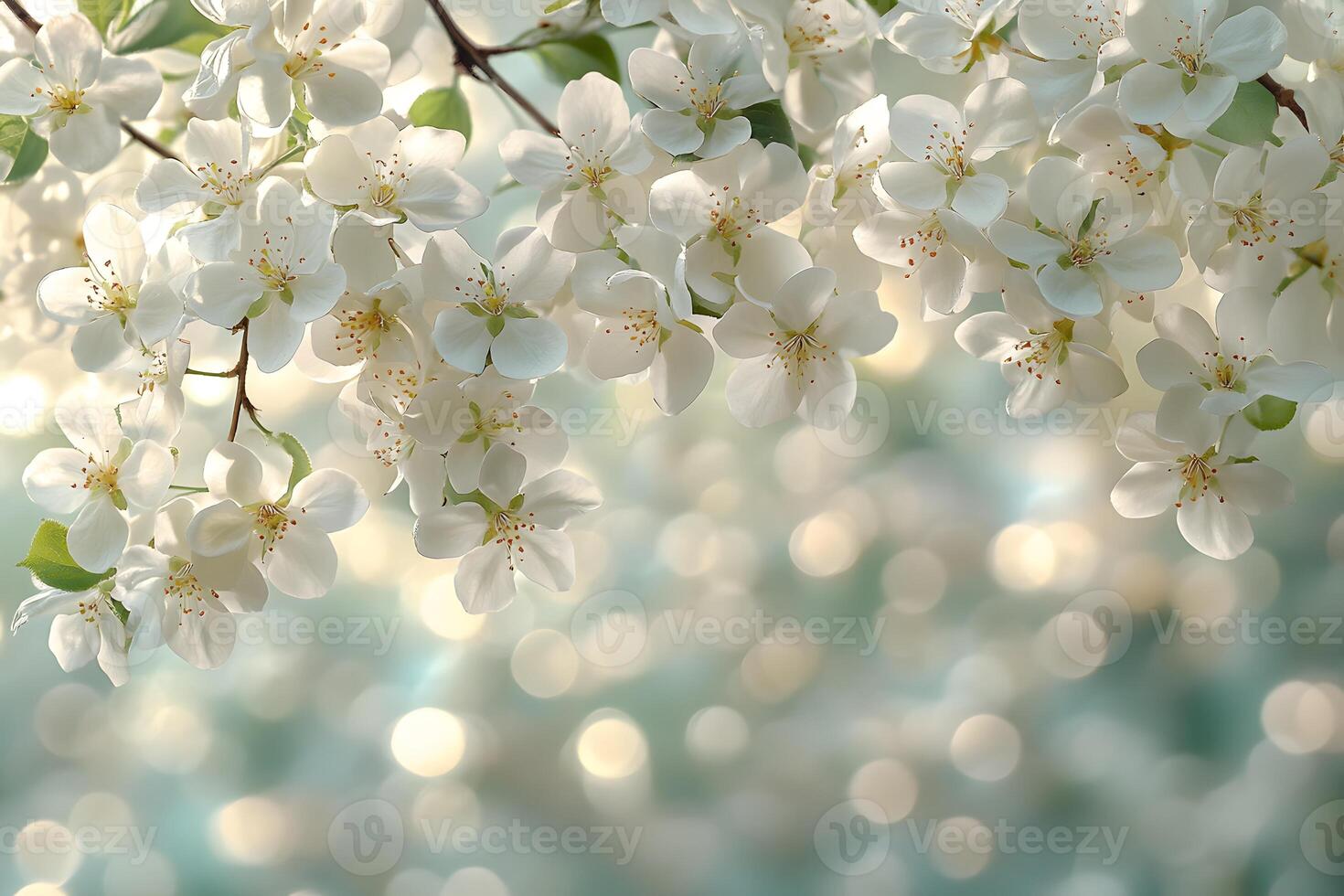 Spring Blossom Branch with Delicate White Flowers and Dreamy Bokeh Background photo