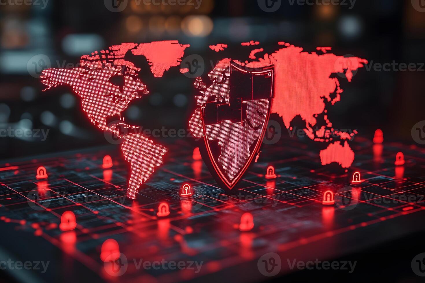 Global Cybersecurity Network with Digital Shield and Map Visualization photo