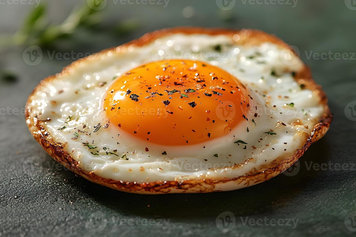 Perfectly Cooked Sunny-Side-Up Egg with Herbs on Rustic Surface for Breakfast Inspiration photo