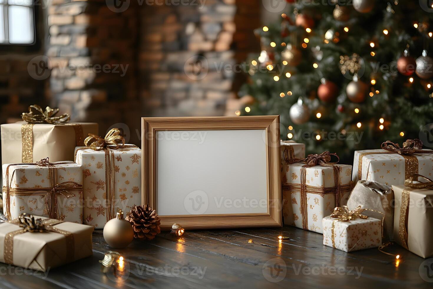 Christmas Celebration with Blank Frame and Gifts by Decorated Tree - Perfect for Holiday Cards or Posters photo
